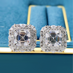 Solid Sterling Silver 7x7cm Simulated Lab Created Diamond Studs Earrings.