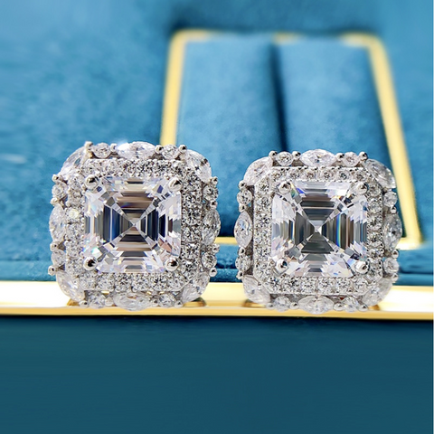 Solid Sterling Silver 7x7cm Simulated Lab Created Diamond Studs Earrings.
