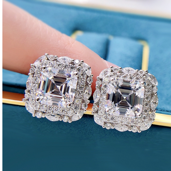 Solid Sterling Silver 7x7cm Simulated Lab Created Diamond Studs Earrings.