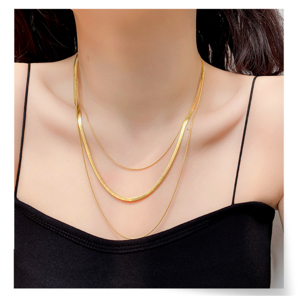 18k Stainless Steel 3 Layer Necklace Chain Anti Tarnish  Water Resistant