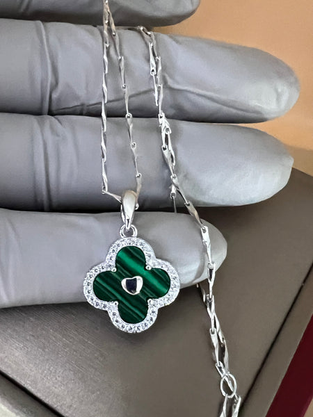 Solid Sterling Silver Malachite Clover Necklace with Silver Chain