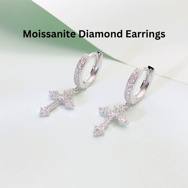 Moissanite Diamond Cross Sterling Silver Earrings.