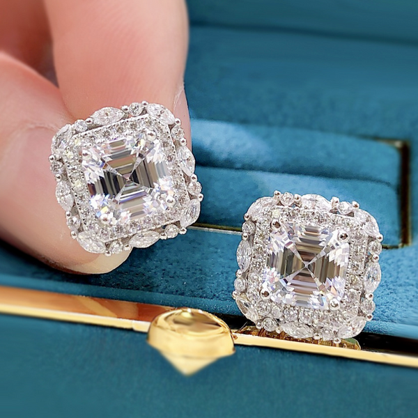 Solid Sterling Silver 7x7cm Simulated Lab Created Diamond Studs Earrings.