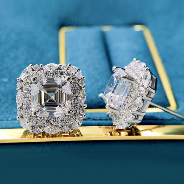 Solid Sterling Silver 7x7cm Simulated Lab Created Diamond Studs Earrings.