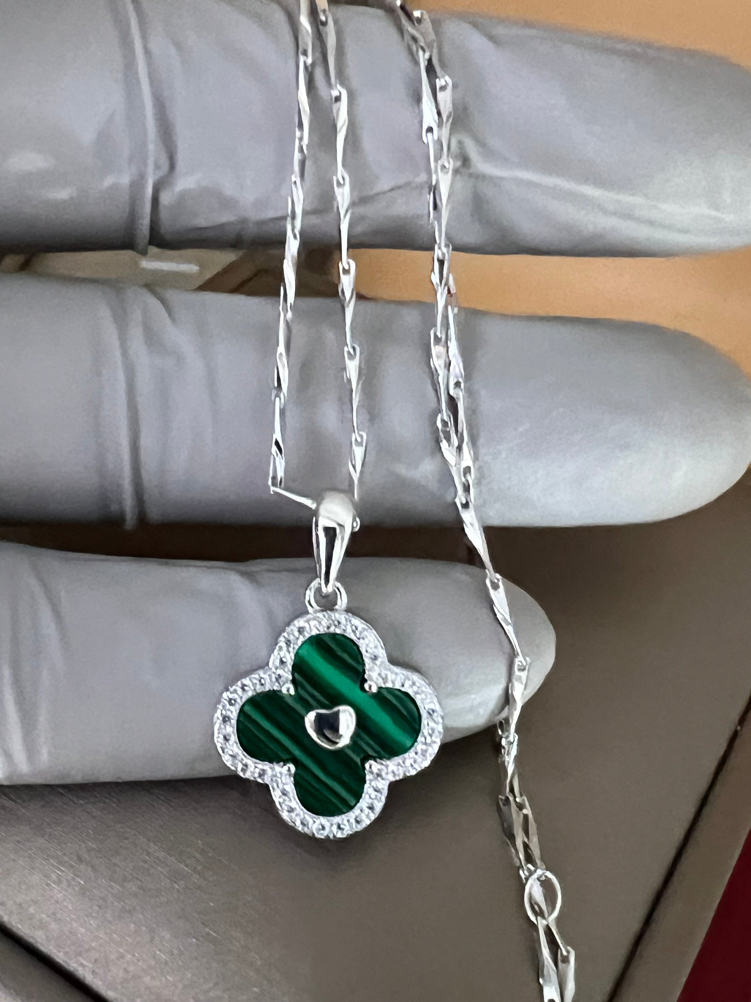 Solid Sterling Silver Malachite Clover Necklace with Silver Chain