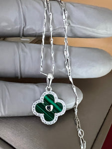Solid Sterling Silver Malachite Clover Necklace with Silver Chain