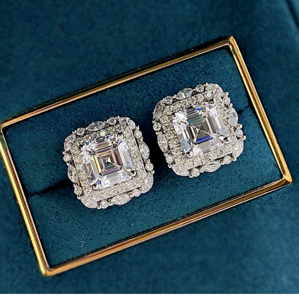 Solid Sterling Silver 7x7cm Simulated Lab Created Diamond Studs Earrings.