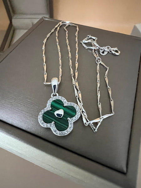 Solid Sterling Silver Malachite Clover Necklace with Silver Chain