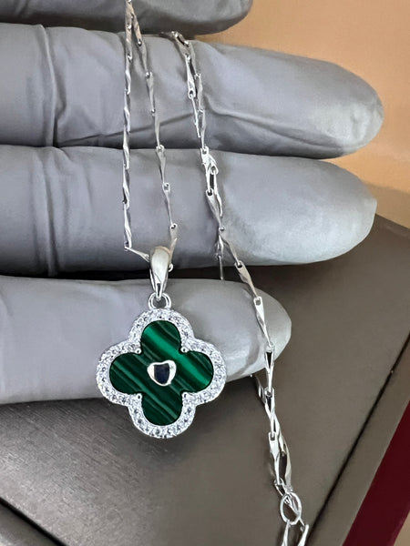 Solid Sterling Silver Malachite Clover Necklace with Silver Chain