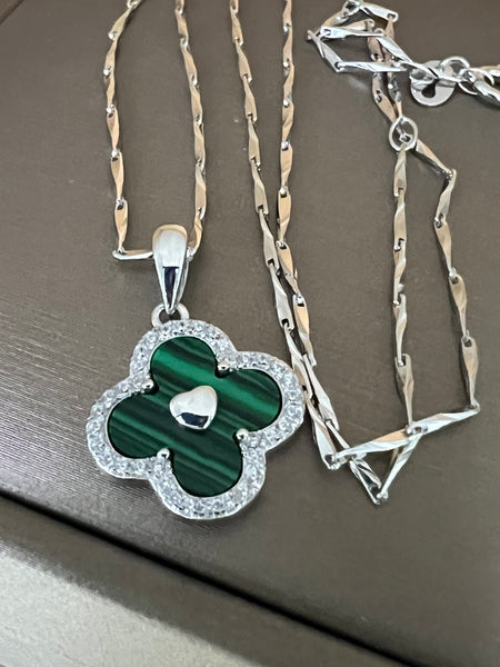 Solid Sterling Silver Malachite Clover Necklace with Silver Chain