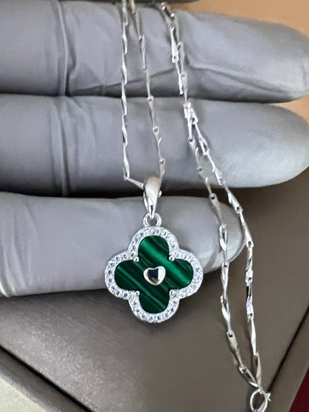 Solid Sterling Silver Malachite Clover Necklace with Silver Chain