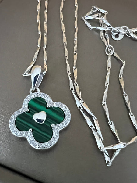 Solid Sterling Silver Malachite Clover Necklace with Silver Chain