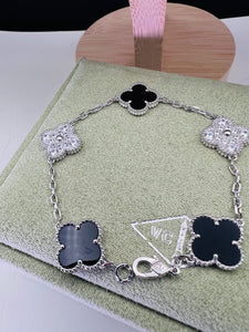 Vintage Alhambra Black Onyx Diamond Motif White Gold Plated Bracelet