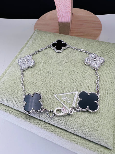 Vintage Alhambra Black Onyx Diamond Motif White Gold Plated Bracelet
