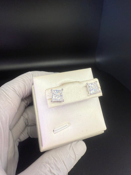 One Carat 5mm by 5mm Square Moissanite Diamond Studs Earring. Pass Diamond Test