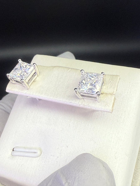 One Carat 5mm by 5mm Square Moissanite Diamond Studs Earring. Pass Diamond Test