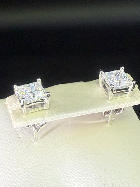 One Carat 5mm by 5mm Square Moissanite Diamond Studs Earring. Pass Diamond Test