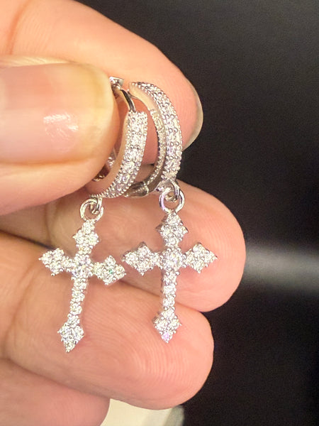 Moissanite Diamond Cross Sterling Silver Earrings.