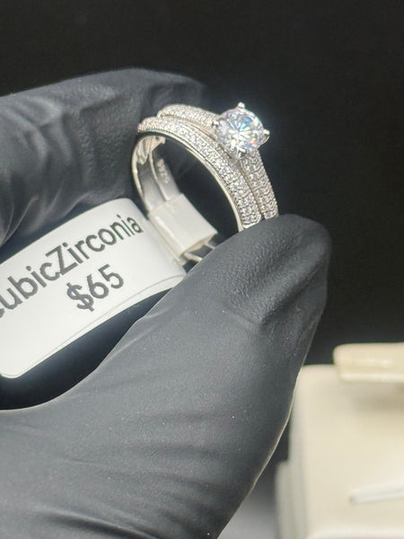 Solid Sterling Silver Wedding Engagement Ring Set