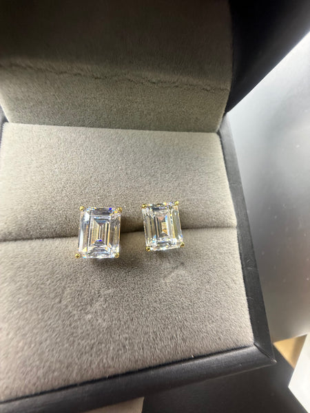 18k Gold Plated Sterling Silver Emerald Cut Stud Earring 7x6cm