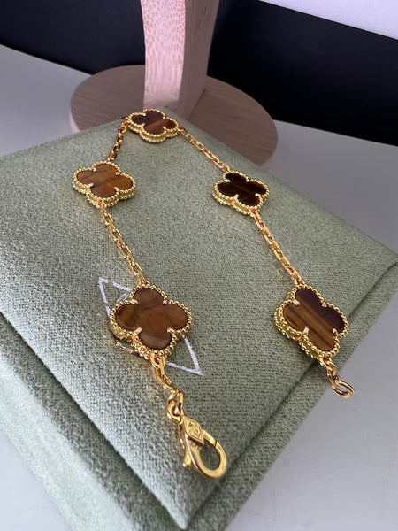 Tiger Eye 18k Gold Plated 5 Motifs Bracelet