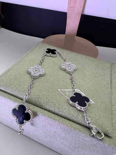 Vintage Alhambra Black Onyx Diamond Motif White Gold Plated Bracelet