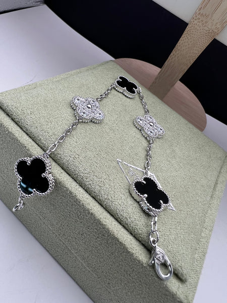 Vintage Alhambra Black Onyx Diamond Motif White Gold Plated Bracelet