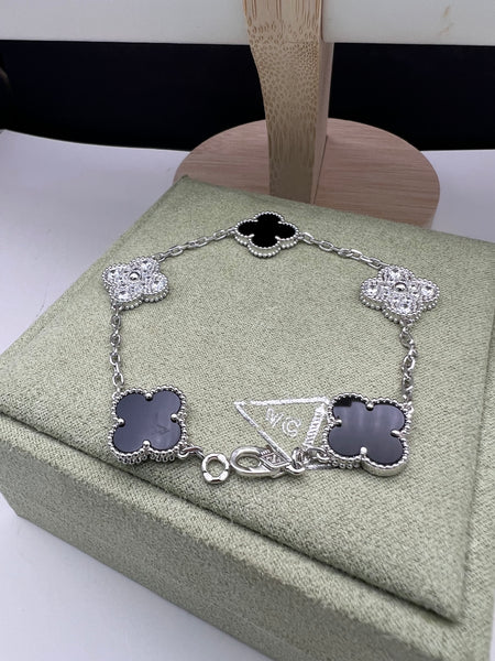 Vintage Alhambra Black Onyx Diamond Motif White Gold Plated Bracelet
