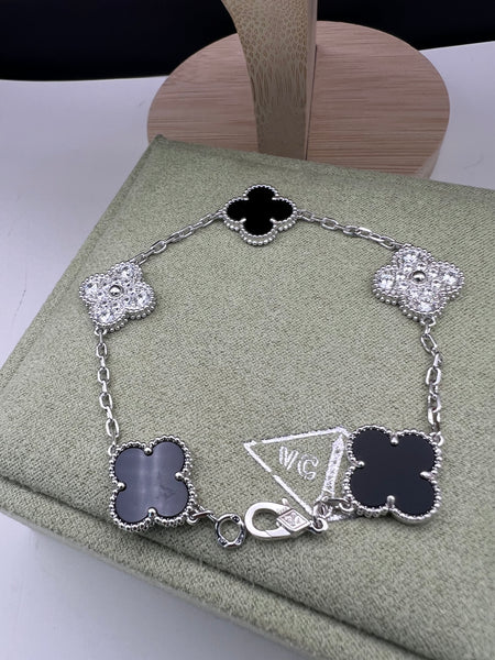 Vintage Alhambra Black Onyx Diamond Motif White Gold Plated Bracelet