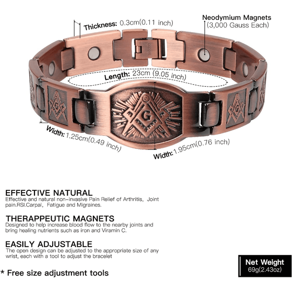Red Leaf Bear - FREE Shipping - Something for Everyone Bracelet Men's Pure Copper Magnetic Therapy Masonic Bracelet.