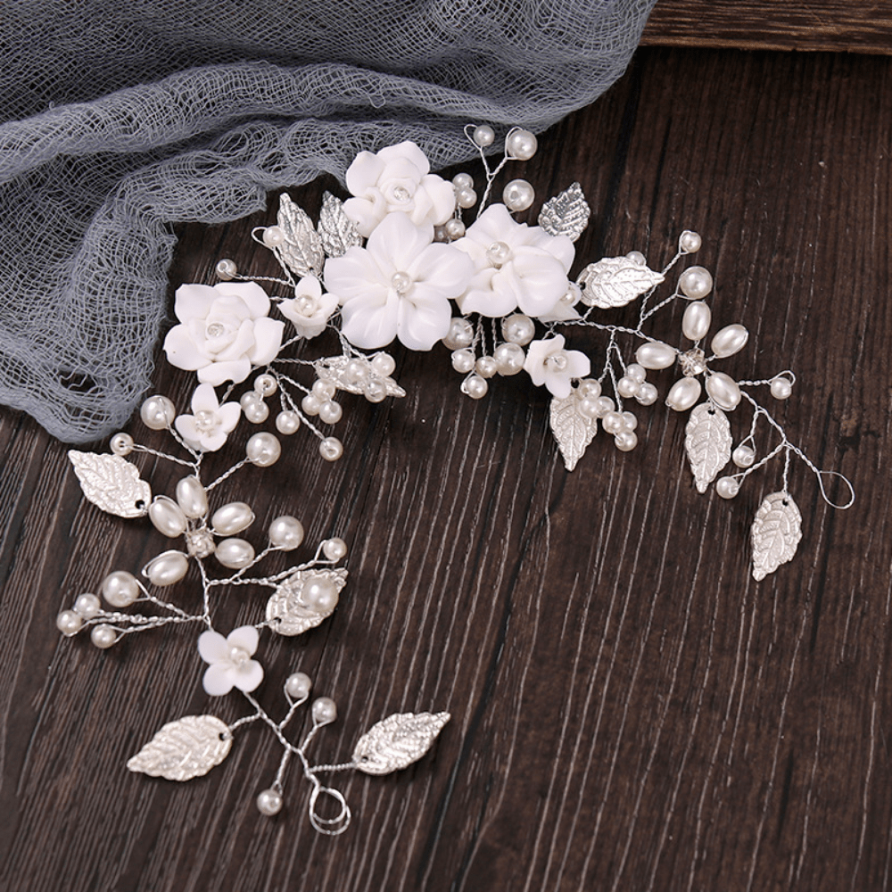 Red Leaf Bear - FREE Shipping Over $99 - Something for Everyone Bridal Hair Comb is made with clay flowers, shimmering pearl buds, and silver leaves.