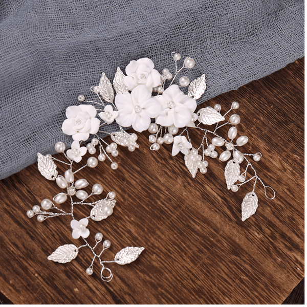 Red Leaf Bear - FREE Shipping Over $99 - Something for Everyone Bridal Hair Comb is made with clay flowers, shimmering pearl buds, and silver leaves.