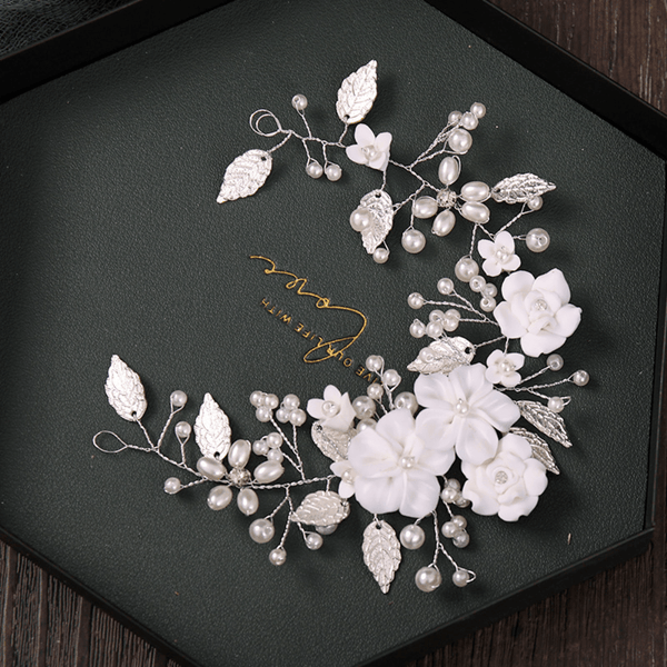 Red Leaf Bear - FREE Shipping Over $99 - Something for Everyone Bridal Hair Comb is made with clay flowers, shimmering pearl buds, and silver leaves.