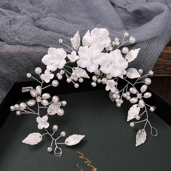 Red Leaf Bear - FREE Shipping Over $99 - Something for Everyone Bridal Hair Comb is made with clay flowers, shimmering pearl buds, and silver leaves.