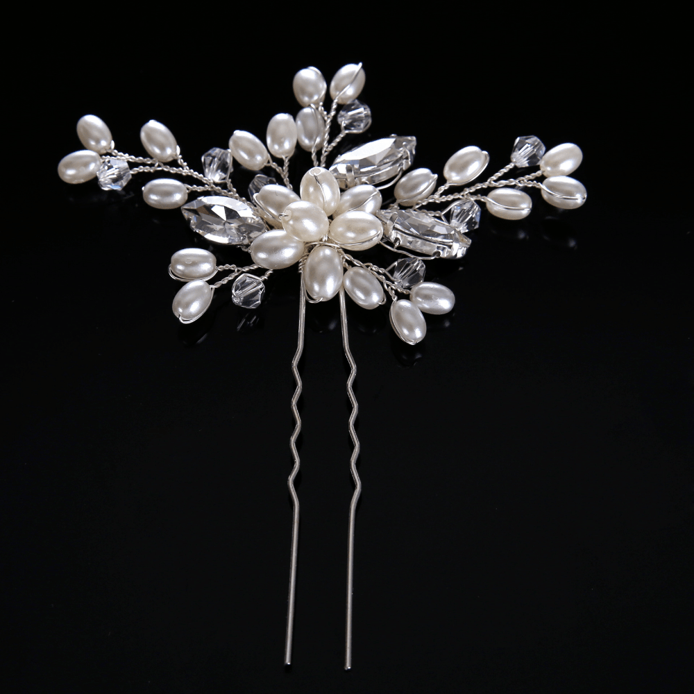 Red Leaf Bear - FREE Shipping Over $99 - Something for Everyone Bridal hair pin is made with shimmering faux pearl buds, transparent beads, and glistening marquise-shaped rhinestones secured onto a silver hair pin.