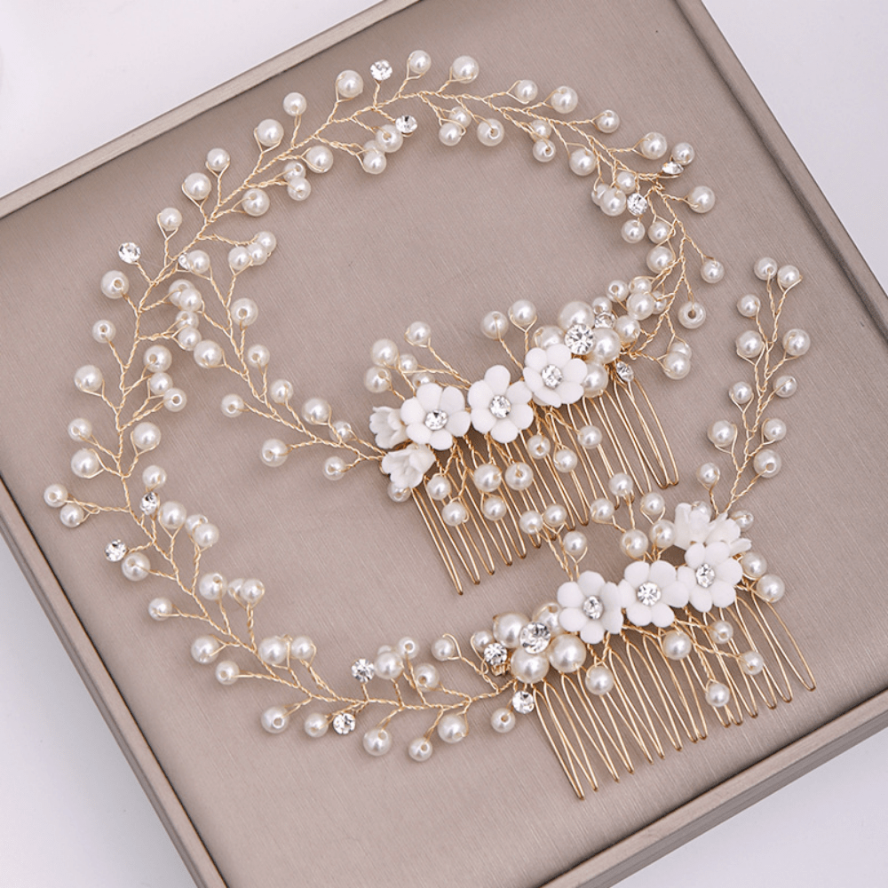 Red Leaf Bear - FREE Shipping Over $99 - Something for Everyone Gold Plated Bridal Pearl Flower Handmade Comb Hair Clip