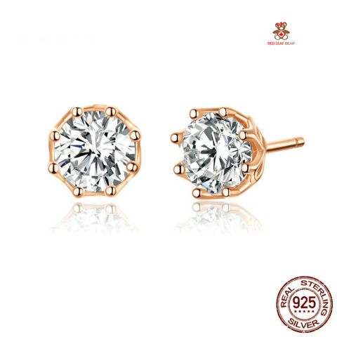 Red Leaf Bear - FREE Shipping - Something for Everyone Earrings RoseGold Sterling Silver Classic Clear Cubic Zircon Small Studs Earrings.