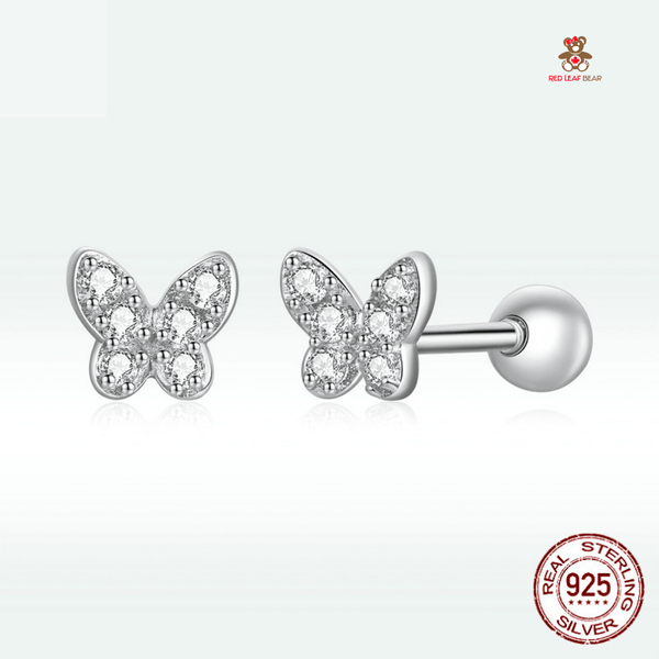Red Leaf Bear - FREE Shipping - Something for Everyone Earrings Sterling Silver Clear CZ Stone Screw in Butterfly Studs Earrings.