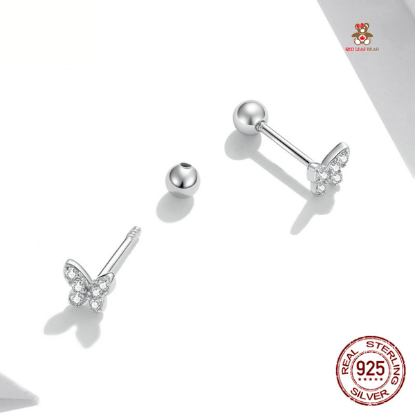 Red Leaf Bear - FREE Shipping - Something for Everyone Earrings Sterling Silver Clear CZ Stone Screw in Butterfly Studs Earrings.