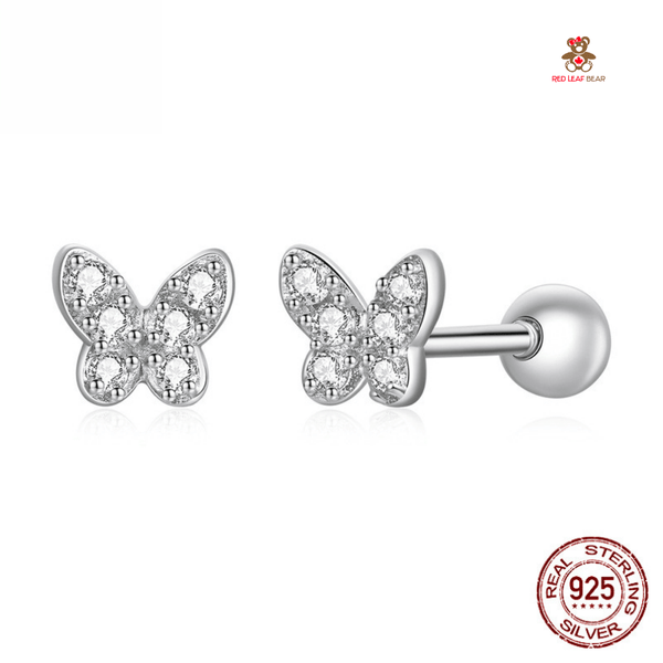 Red Leaf Bear - FREE Shipping - Something for Everyone Earrings Sterling Silver Clear CZ Stone Screw in Butterfly Studs Earrings.