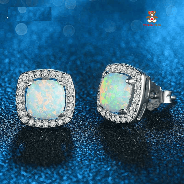 Red Leaf Bear - FREE Shipping - Something for Everyone Earrings Sterling Silver Created Opal Halo Square Stud Earrings