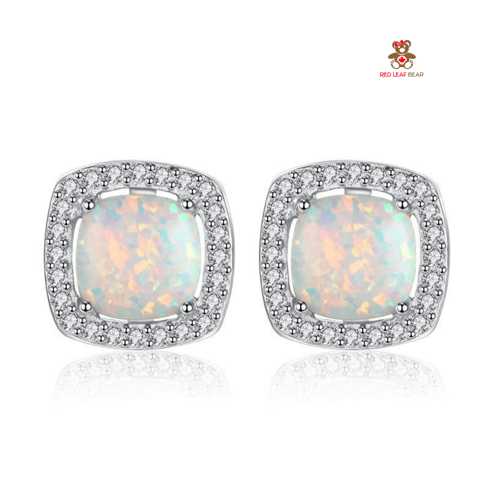 Red Leaf Bear - FREE Shipping - Something for Everyone Earrings Sterling Silver Created Opal Halo Square Stud Earrings