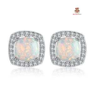 Red Leaf Bear - FREE Shipping - Something for Everyone Earrings Sterling Silver Created Opal Halo Square Stud Earrings