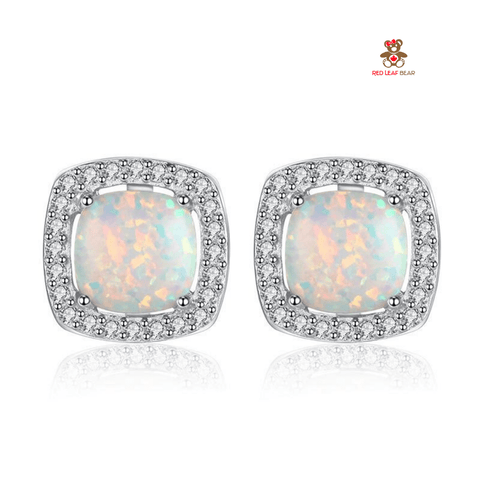 Red Leaf Bear - FREE Shipping - Something for Everyone Earrings Sterling Silver Created Opal Halo Square Stud Earrings