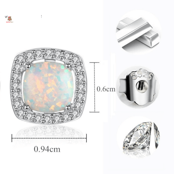 Red Leaf Bear - FREE Shipping - Something for Everyone Earrings Sterling Silver Created Opal Halo Square Stud Earrings