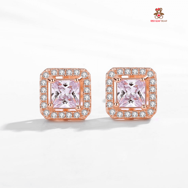 Red Leaf Bear - FREE Shipping - Something for Everyone Earrings Sterling Silver RoseGold Square Cubic Zirconia Studs Earrings.