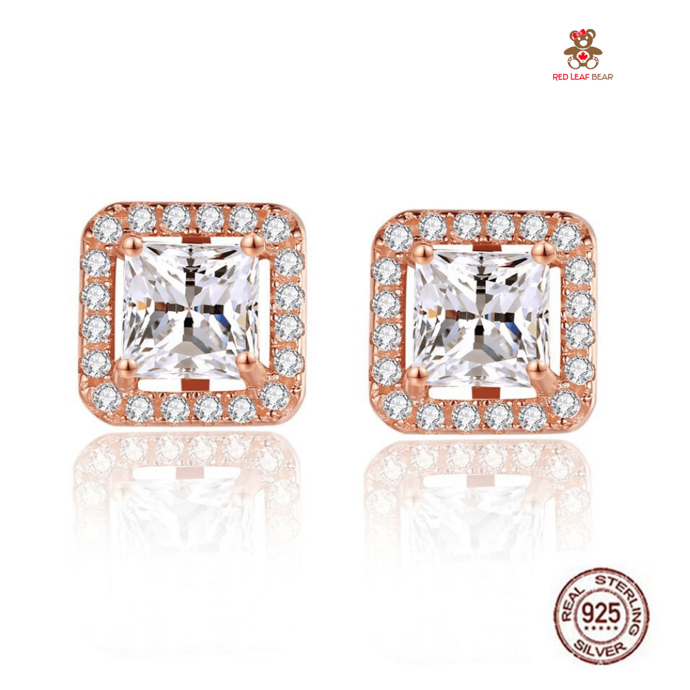 Red Leaf Bear - FREE Shipping - Something for Everyone Earrings Sterling Silver RoseGold Square Cubic Zirconia Studs Earrings.