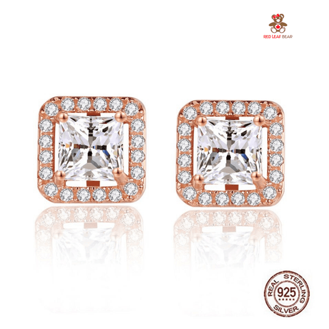 Red Leaf Bear - FREE Shipping - Something for Everyone Earrings Sterling Silver RoseGold Square Cubic Zirconia Studs Earrings.