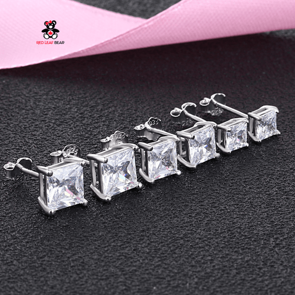 Red Leaf Bear - FREE Shipping - Something for Everyone Earrings Sterling Silver Square Shape CZ Studs