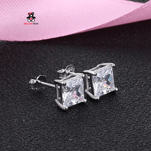 Red Leaf Bear - FREE Shipping - Something for Everyone Earrings Sterling Silver Square Shape CZ Studs